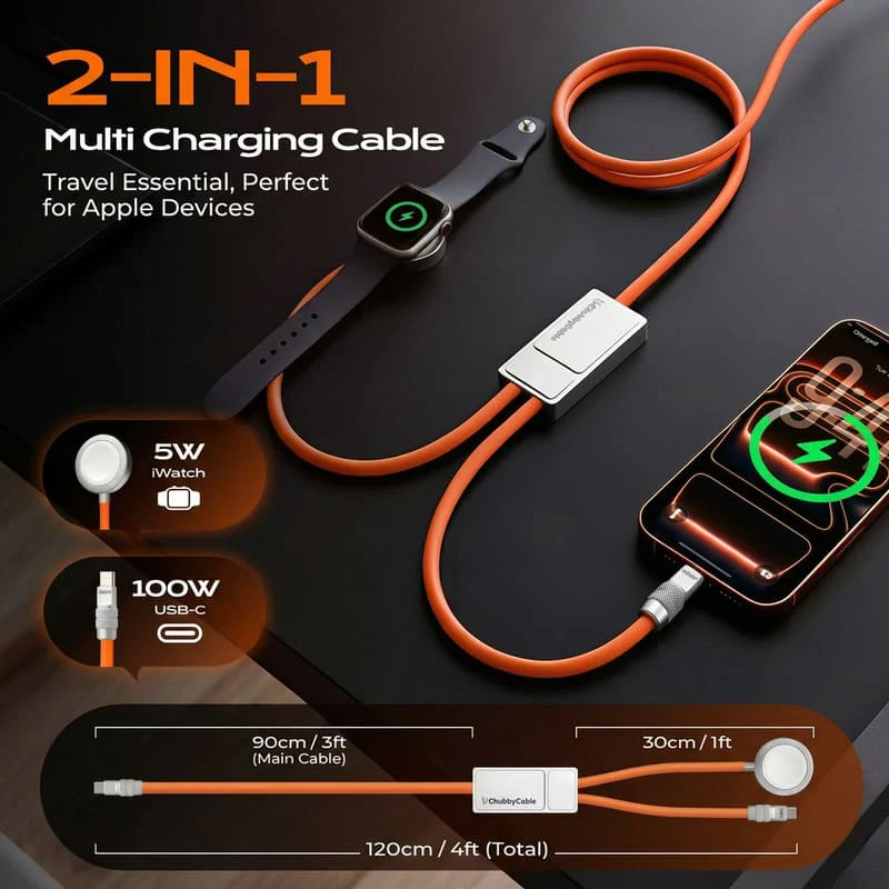 ChubbyCable Duo-Core Flex™ 2-in-1 USB-C to 100W USB-C & 5W Apple Watch Charging Cable - Image 2