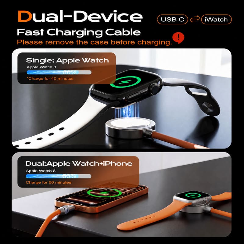 ChubbyCable Duo-Core Flex™ 2-in-1 USB-C to 100W USB-C & 5W Apple Watch Charging Cable - Image 6