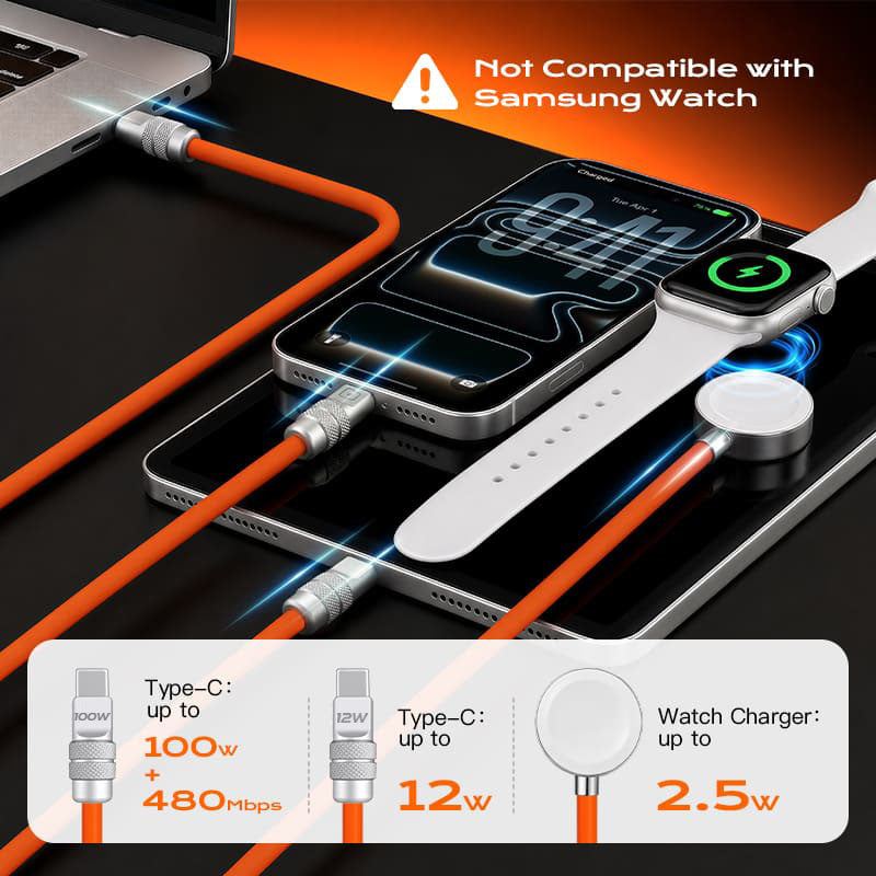 ChubbyCable Tri-Flex™  100W 3-in-1 Fast Charging Cable with Soft Silicone & Apple Watch Charger - Image 4